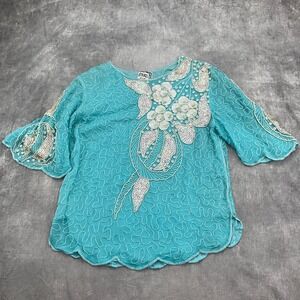 Unbranded‎ Blouse Women Medium Blue Allover Embellished Floral Silk India VTG